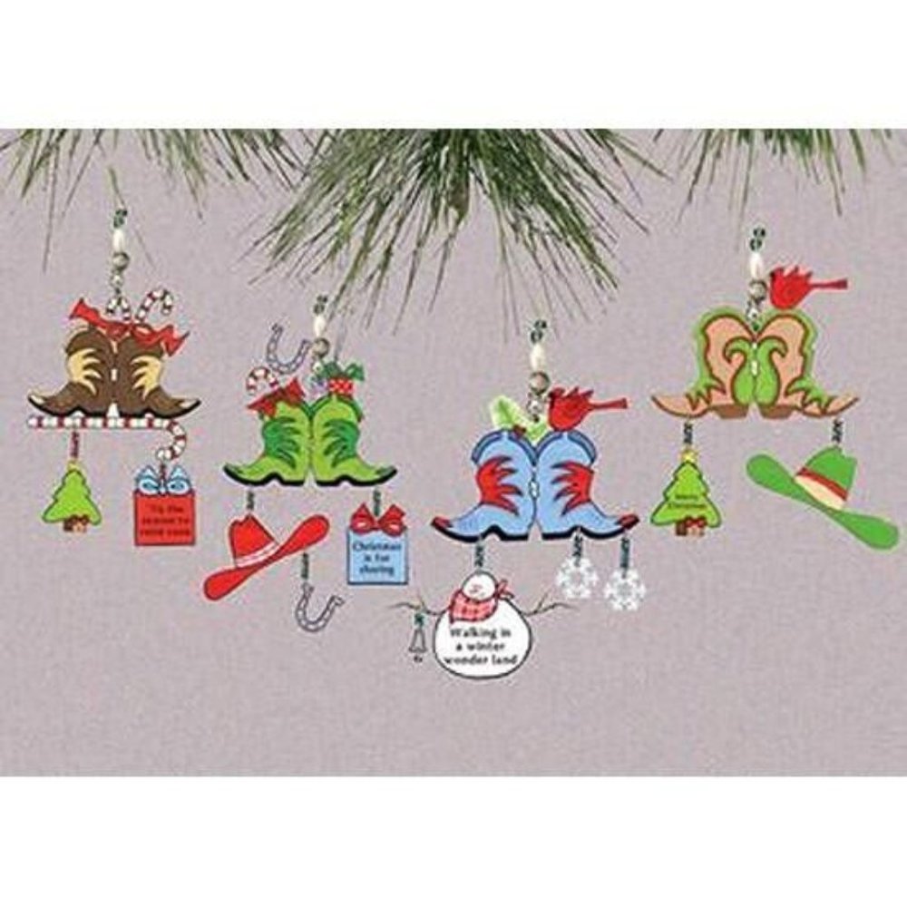 Cowboy Boots Christmas Ornaments set of 4 Metal Embellished Western Cowgirl